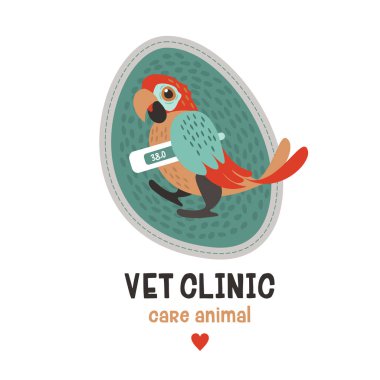 Hayvan hastalıklarıyla ilgili kaygı. Plakası, vektör çizim için Veteriner Kliniği. Kanatları altına bir termometre ile renkli papağan.