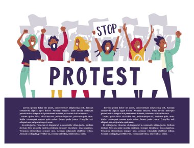 Kadın ve erkek bir grup protesto etmek için katılın. İnsanlar holding posterler. Renkli vektör çizim.