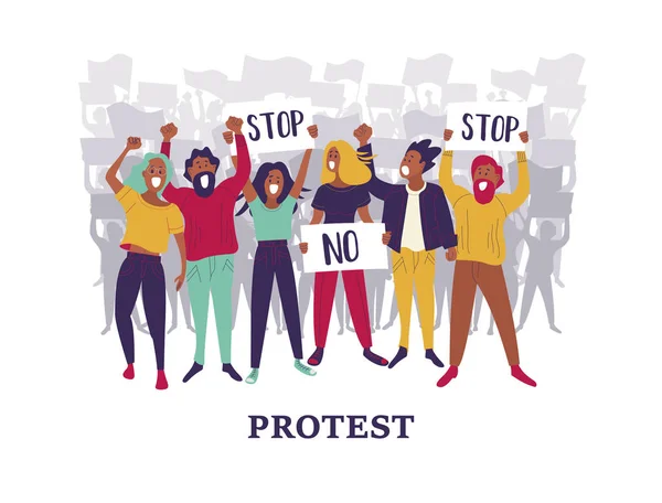 Group Men Women Take Part Protest People Holding Posters Colorful — Stock Vector