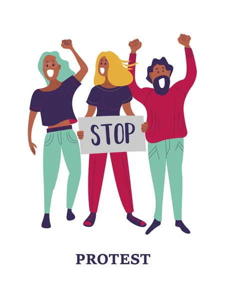 男性と女性のグループは抗議に参加します 人の持ち株のポスター カラフルなベクトルの図 — ストックベクタ