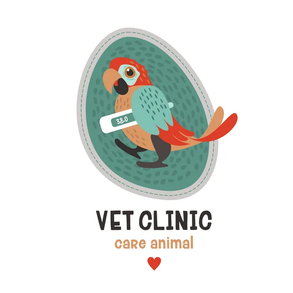 Cuidados Veterinários Etiqueta Ilustração Vetorial Para Clínica Veterinária Papagaio Colorido — Vetor de Stock