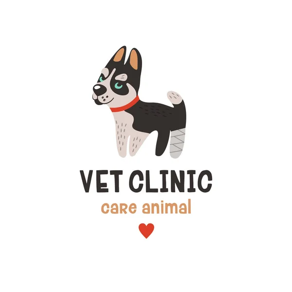 Lindo Cachorro Husky Con Una Pata Enferma Atención Veterinaria Logo — Vector de stock