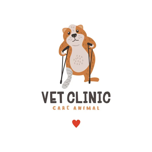 Lindo Hámster Con Una Pierna Rota Muletas Atención Veterinaria Logo — Vector de stock