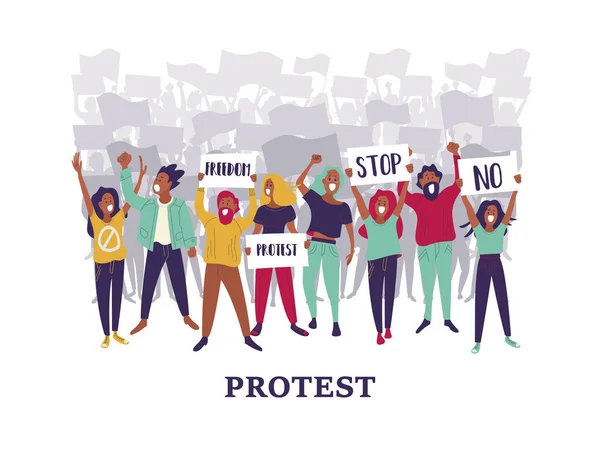 Egy Csoport Férfiak Nők Vesznek Részt Tiltakozó Emberek Gazdaság Plakátok — Stock Vector