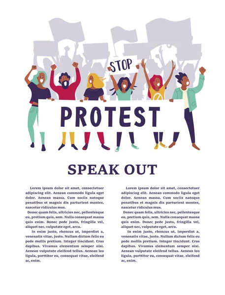 一群男女参加了抗议活动 拿着海报的人 五颜六色的向量例证 — 图库矢量图片