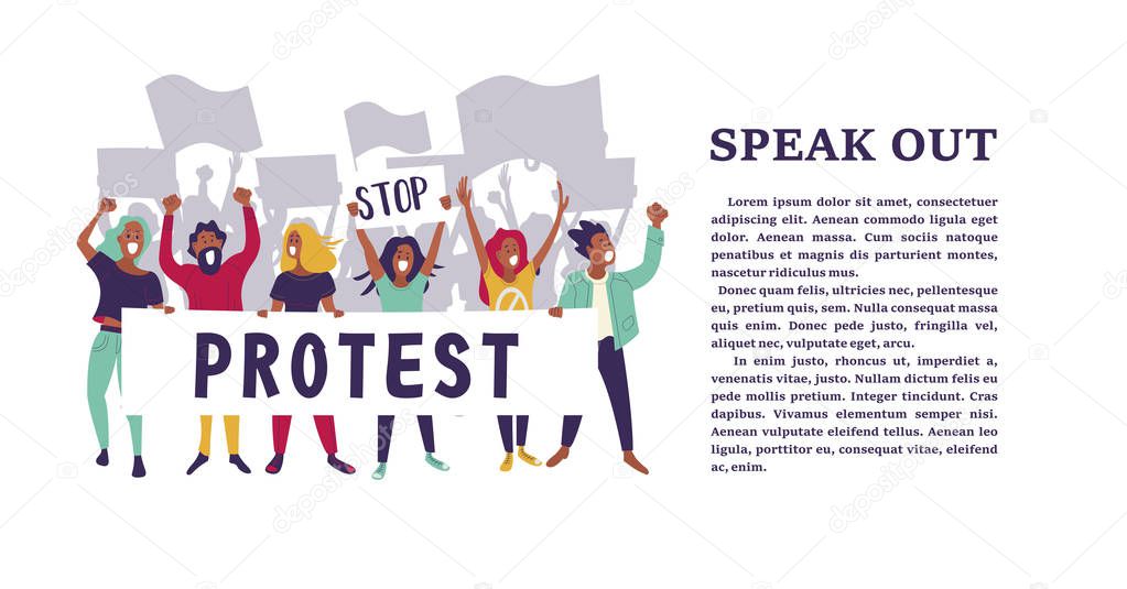 A group of men and women take part in the protest. People holding posters. Colorful vector illustration.