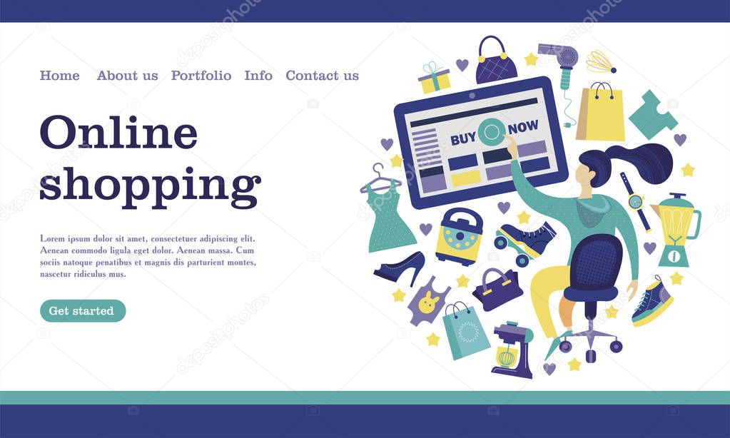 Web store landing page template. Modern flat web page design concept for website and mobile website. Girl with a computer shopping in the online store. Vector illustration.