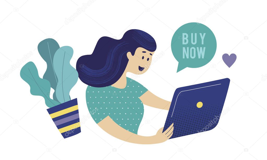 Modern design concept of flat web pages to a website and mobile website. Girl with a computer shopping in the online store. Vector illustration.