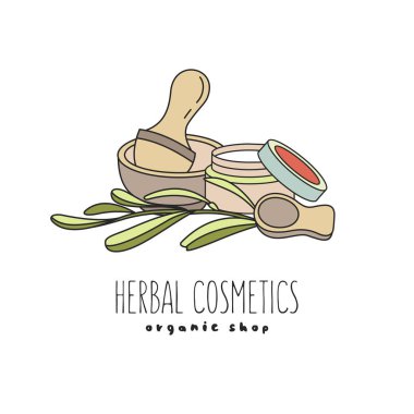 Bitkisel Kozmetik, doğal yağ. Doğal çevre kozmetik deposu için elle çizilmiş illüstrasyon vektör. Okaliptüs yağı.