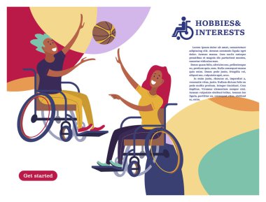 Bir erkek ve bir kadın voleybol, basketbol oynarken bir tekerlekli sandalye ile. Bir toplum ve bir topluluk Engelliler kavramı. Hobiler, ilgi alanları, Engelli insanların yaşam tarzı. Düz çizgi film tarzı, izole vektör çizim,