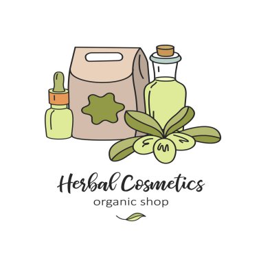 Bitkisel Kozmetik, doğal yağ. Doğal çevre kozmetik deposu için elle çizilmiş illüstrasyon vektör. Zeytinyağı ve dal.