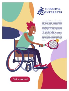 Tekerlekli sandalye tenis oynamaya olan bir adam. Bir toplum ve bir topluluk Engelliler kavramı. Hobiler, ilgi alanları, Engelli insanların yaşam tarzı. Düz çizgi film tarzı, beyaz arka plan izole, vektör çizim.
