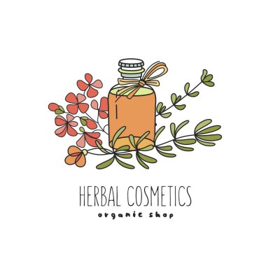 Bitkisel Kozmetik, doğal yağ. Doğal çevre kozmetik deposu için elle çizilmiş illüstrasyon vektör. Petrol ve çiçekler, Sardunya ve biberiye.