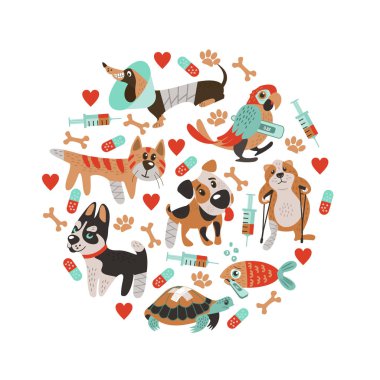 Bir daire şeklinde kolaj. Kırık bacak ve ateş ile sevimli hasta hayvanlar. Bir karikatür tarzı. Veteriner, hayvan hastalıklarıyla ilgili eczaneler ve hayvan barınakları için şirin şablonu.