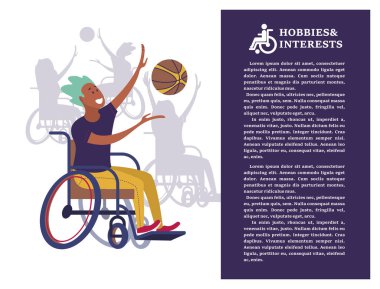 Voleybol, basketbol oynarken tekerlekli olan bir adam. Bir toplum ve bir topluluk Engelliler kavramı. Hobiler, ilgi alanları, Engelli insanların yaşam tarzı. Düz çizgi film tarzı, beyaz backg izole, vektör çizim