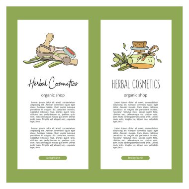 Bitkisel Kozmetik, doğal yağ. Doğal çevre kozmetik deposu için elle çizilmiş illüstrasyon vektör. Doğal zeytin ve okaliptüs yağlar.