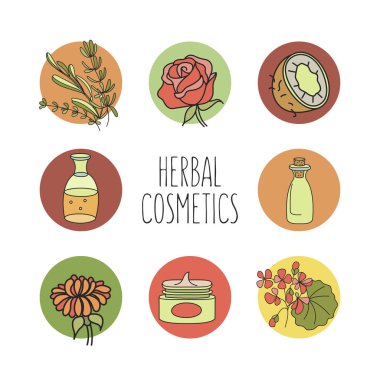 Bitkisel Kozmetik. Simgeleri bir dizi kavanoz kozmetik, doğal yağlar, şifalı bitkiler ile şişe ile görüntü ile. Doğrusal vektör çizim.