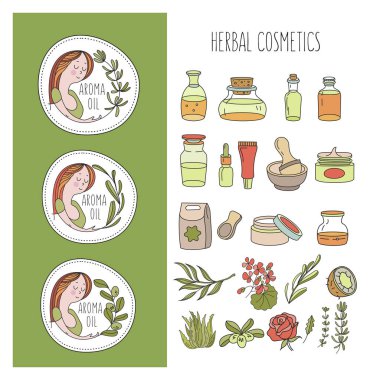 Bitkisel Kozmetik, doğal yağ. Doğal çevre kozmetik deposu için elle çizilmiş illüstrasyon vektör. Kavanoz doğal yağlar ile büyük bir set. Bir kız ve bir delikanlı, zeytin, biberiye ve okaliptüs ile üç Amblemler.