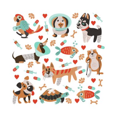 Bir kare şeklinde kolaj. Kırık bacak ve ateş ile sevimli hasta hayvanlar. Bir karikatür tarzı. Veteriner, hayvan hastalıklarıyla ilgili eczaneler ve hayvan barınakları için şirin şablonu.