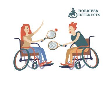 Bir erkek ve bir kadın tenis oynamaya bir tekerlekli sandalye ile. Bir toplum ve bir topluluk Engelliler kavramı. Hobiler, ilgi alanları, Engelli insanların yaşam tarzı. Düz çizgi film tarzı, beyaz adam izole, vektör çizim