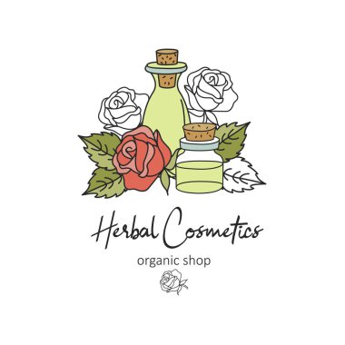 Bitkisel Kozmetik, doğal yağ. Doğal çevre kozmetik deposu için elle çizilmiş illüstrasyon vektör. Gül yağı.