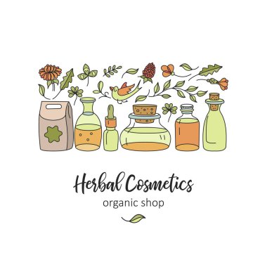 Bitkisel Kozmetik, doğal yağ. Doğal çevre kozmetik deposu için elle çizilmiş illüstrasyon vektör. Kavanoz bitkisel yağlar ile ayarla.