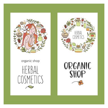 Bitkisel Kozmetik. Aromatik doğal yağlar. Vektör çizim. Güzel kız ve malzemeler doğal kozmetik, fabrikalar, bankalar bir dizi. Tüm resimde unsurlar izole edilmiştir ve başka bir tasarımında bağımsız olarak kullanılabilir. Biyo cosmeti için