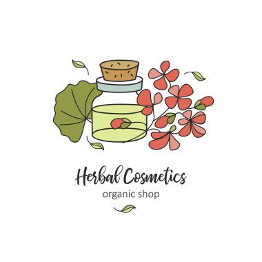 Bitkisel Kozmetik, doğal yağ. Doğal çevre kozmetik deposu için elle çizilmiş illüstrasyon vektör. Petrol ve çiçekler, Sardunya ve biberiye.