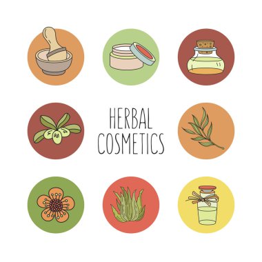 Bitkisel Kozmetik. Simgeleri bir dizi kavanoz kozmetik, doğal yağlar, şifalı bitkiler ile şişe ile görüntü ile. Doğrusal vektör çizim.