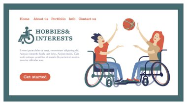 Bir erkek ve bir kadın voleybol, basketbol oynarken bir tekerlekli sandalye ile. Bir toplum ve bir topluluk Engelliler kavramı. Hobiler, ilgi alanları, Engelli insanların yaşam tarzı. Düz çizgi film tarzı, izole vektör çizim,