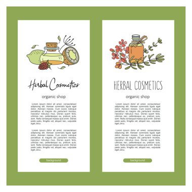 Bitkisel Kozmetik, doğal yağ. Doğal çevre kozmetik deposu için elle çizilmiş illüstrasyon vektör. Zeytin yağı, Sardunya yağı, limon yağı.