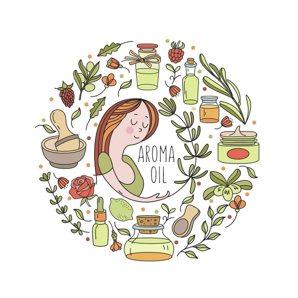 Bylinná Kosmetika Přírodní Aromatické Oleje Vektorové Ilustrace Krásná Dívka Sadu — Stockový vektor