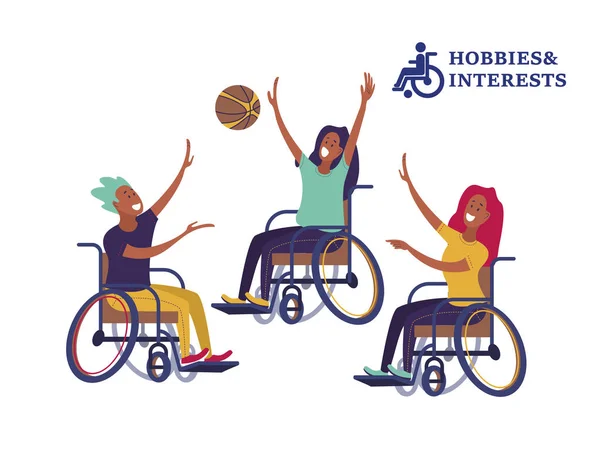 Mężczyzna Kobieta Wózkiem Inwalidzkim Gry Siatkówkę Koszykówkę Koncepcja Społeczeństwa Społeczności — Wektor stockowy