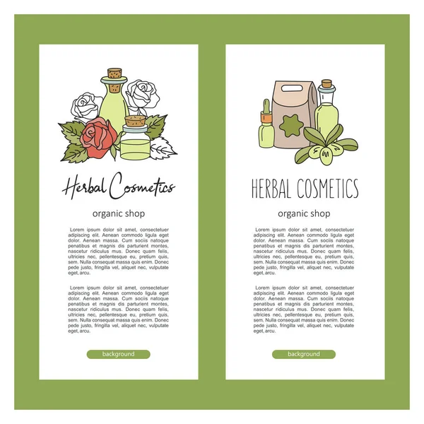 Herbal cosmetics, natural oil. Vector hand drawn illustration for natural eco cosmetics store. Rose and olive oils.