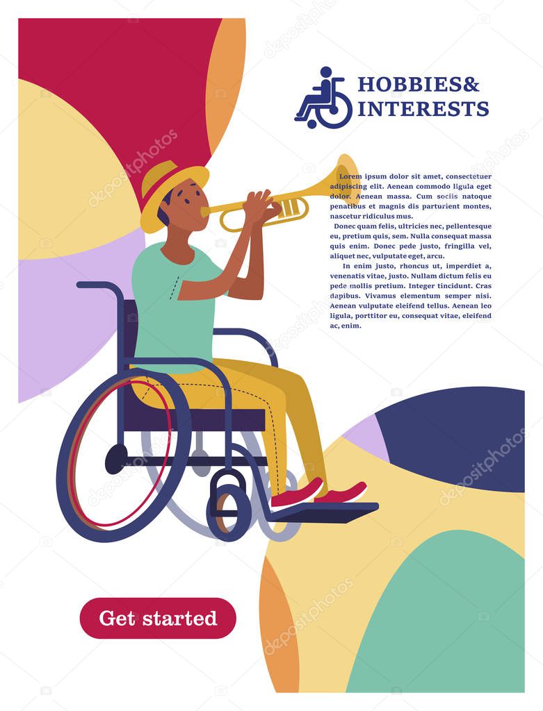A man with a wheelchair playing the trumpet. The concept of a society and a community of persons with disabilities. Hobbies, interests, lifestyle of people with disabilities. Vector illustration of flat cartoon style, isolated, white background.