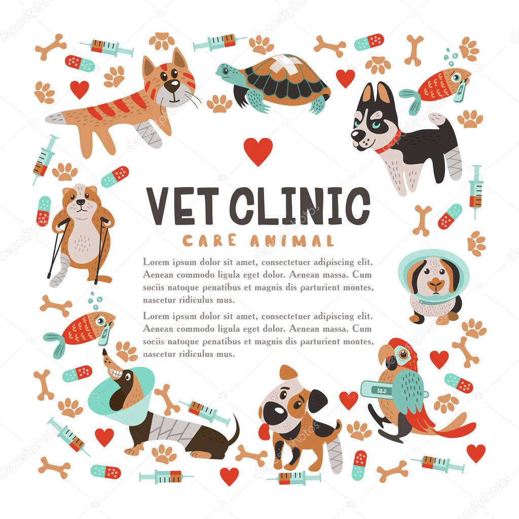 Collection of cute cartoon animals, poor sick Pets. Dogs of different breeds, a cat, a hamster with a broken leg, a parrot, a fish and a turtle. On white background. With space for text. For veterinary clinics of animal shelters.