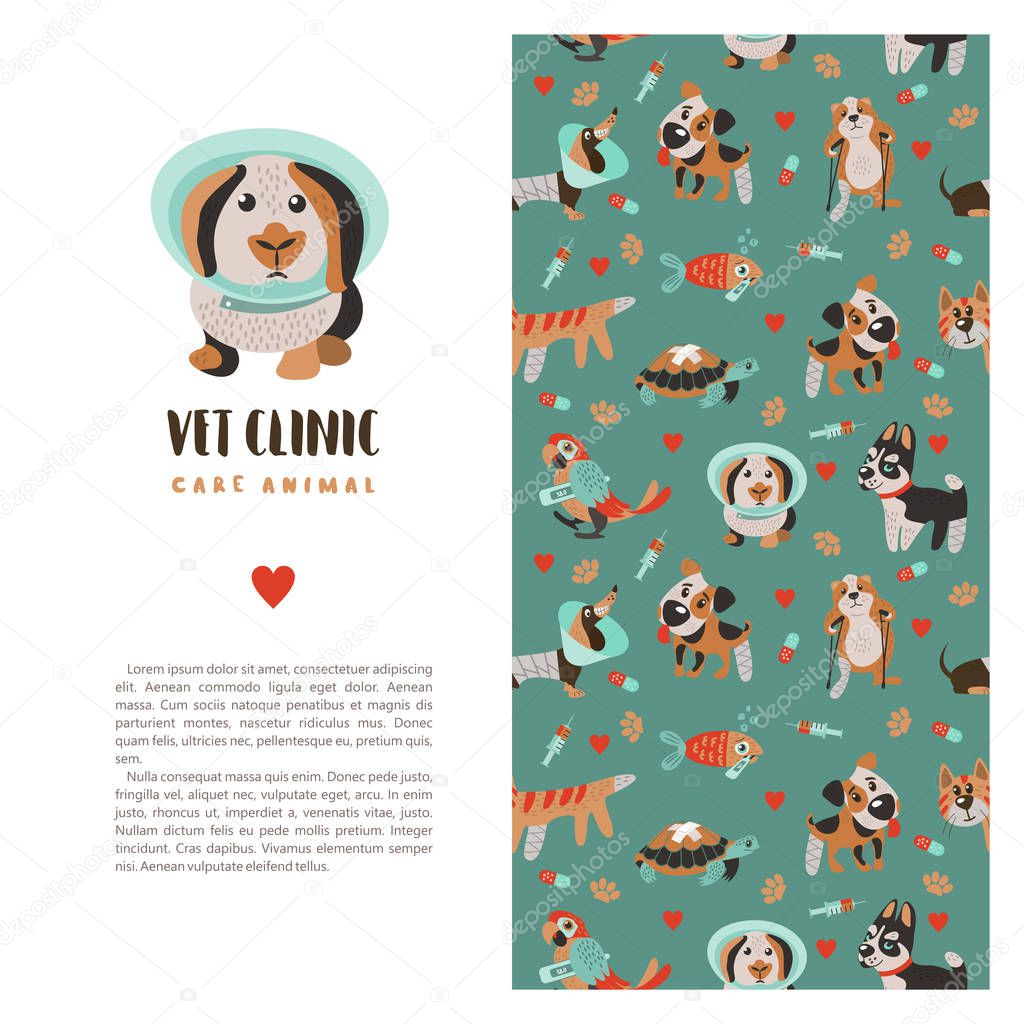 Template leaflets, banners, promotional products veterinary clinic. Seamless pattern on green background with lots of cute Pets. Clinic logo template with a cute rabbit in a veterinary collar.