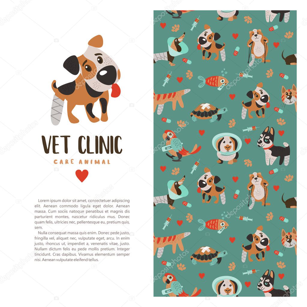 Template leaflets, banners, promotional products veterinary clinic. Seamless pattern on green background with lots of cute Pets. Clinic logo template with cute Jack Russell Terrier dog.