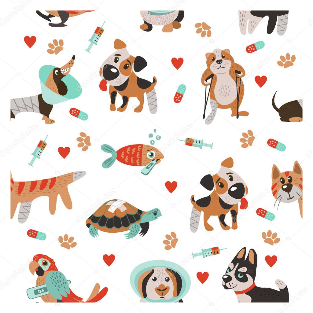 Seamless pattern on white background for veterinary clinics and animal shelters. Cute sick animals. Dogs, cats, turtles, hamster and fish.