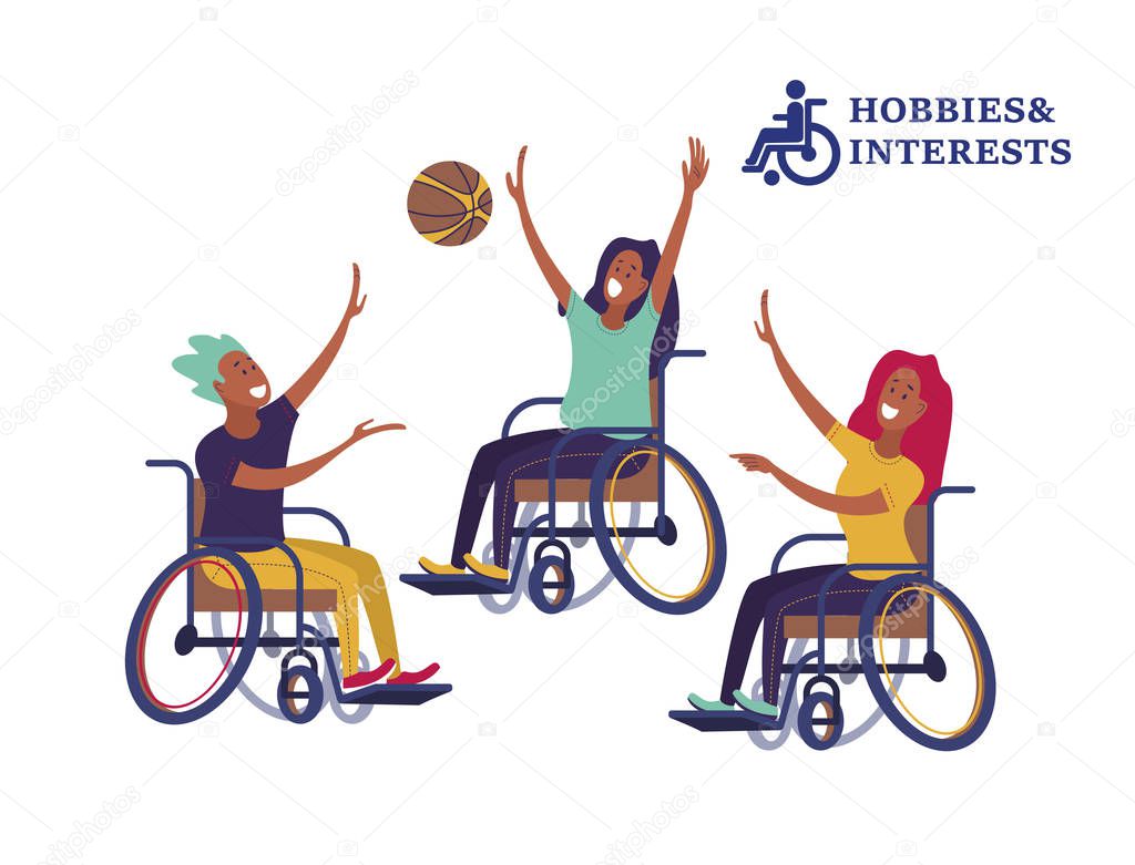 A man and a woman with a wheelchair playing volleyball, basketball. The concept of a society and a community of persons with disabilities. Hobbies, interests, lifestyle of people with disabilities. Vector illustration of flat cartoon style, isolated,