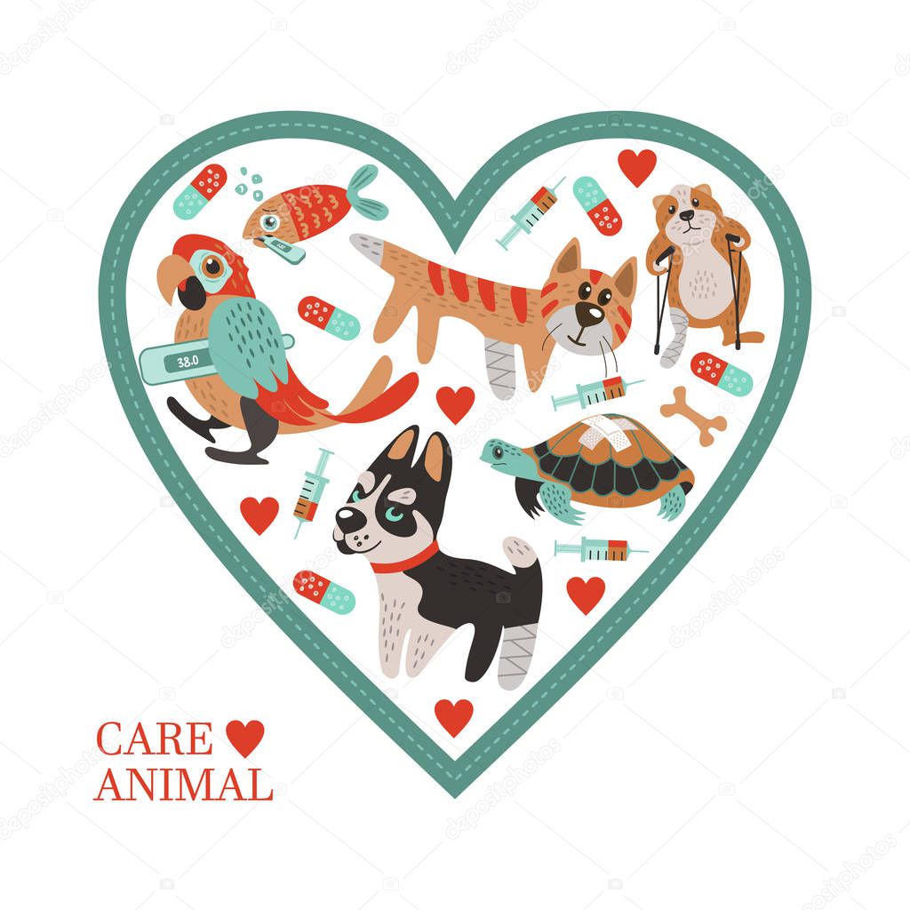 Heart shaped collage. Cute sick animals with broken legs and fever. In a cartoon style. Cute template for vet clinics, veterinary pharmacies and animal shelters.