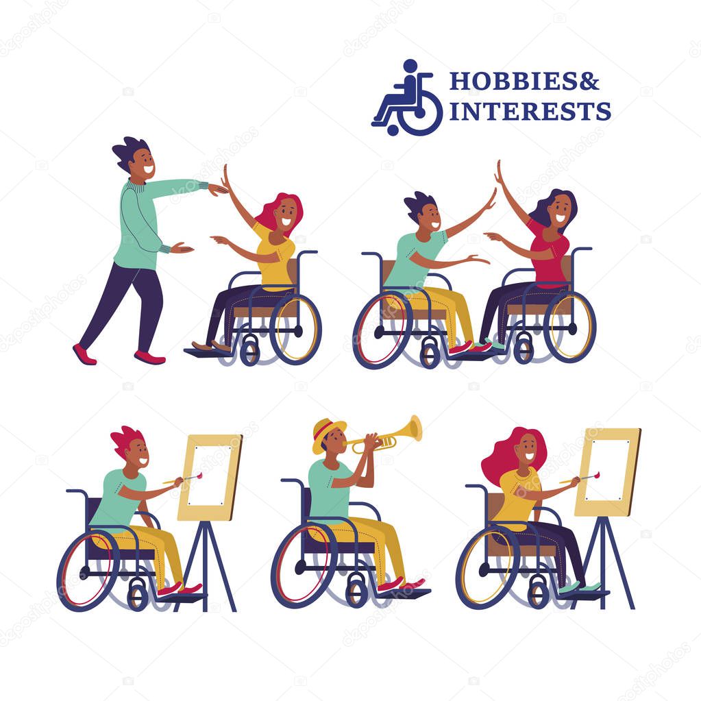 Women and men wheelchair users dance, draw, play the trumpet. The concept of a society and a community of persons with disabilities. Hobbies, interests, lifestyle of people with disabilities. Vector illustration of flat cartoon style, isolated, white