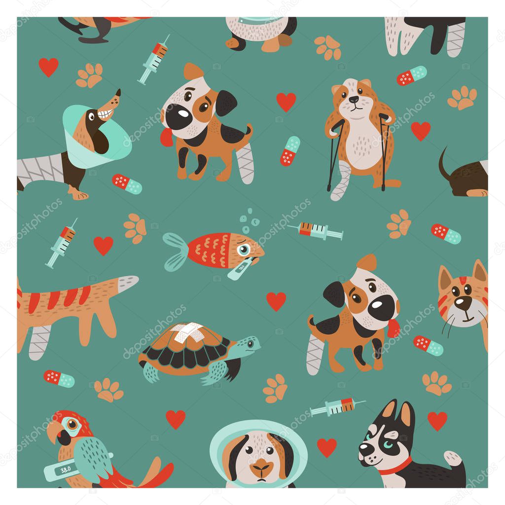 Seamless pattern on green background for veterinary clinics and animal shelters. Cute sick animals. Dogs, cats, turtles, hamster and fish.
