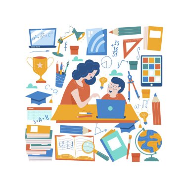 Evde eğitim kavramı. Engelli çocuklar ile büyük aileler ve aileler için evde eğitim arması. Vektör çizim.