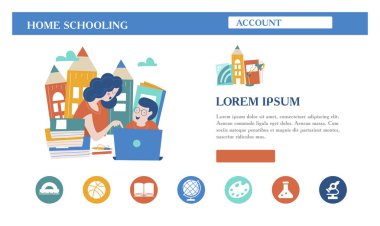 Evde eğitim kavramı. Engelli çocuklar ile büyük aileler ve aileler için evde eğitim arması. Vektör çizim.
