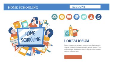 Evde eğitim kavramı. Engelli çocuklar ile büyük aileler ve aileler için evde eğitim arması. Vektör çizim.