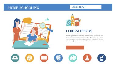Evde eğitim kavramı. Engelli çocuklar ile büyük aileler ve aileler için evde eğitim arması. Vektör çizim.