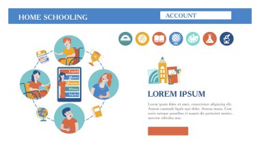 Evde eğitim kavramı. Engelli çocuklar ile büyük aileler ve aileler için evde eğitim arması. Vektör çizim.