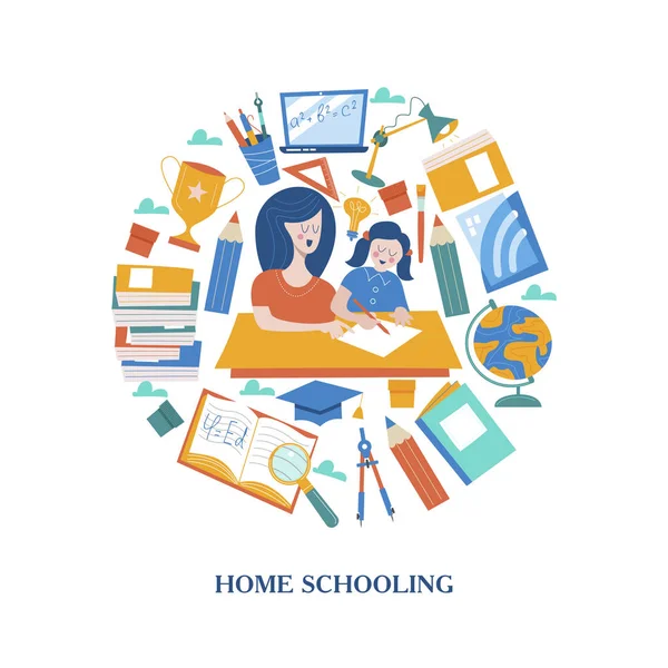 Concept Homeschooling Emblem Home Education Large Families Families Children Disabilities — Stock Vector