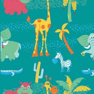 Seamless modeli ile Afrika sevimli çizgi hayvanlar ve Afrika tesisleri. Zürafa, fil, suaygırları, palmiyeler. Vektör çizim.